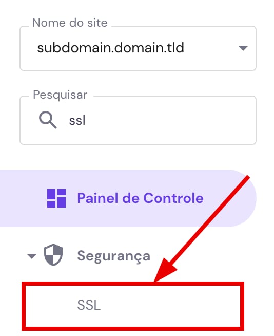 As configurações de SSL na área de gerenciamento do site