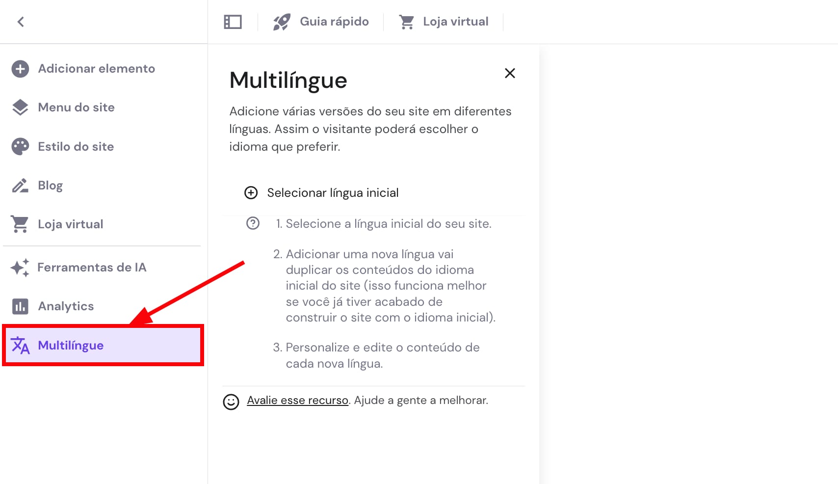 Interface do Criador de Sites da Hostinger