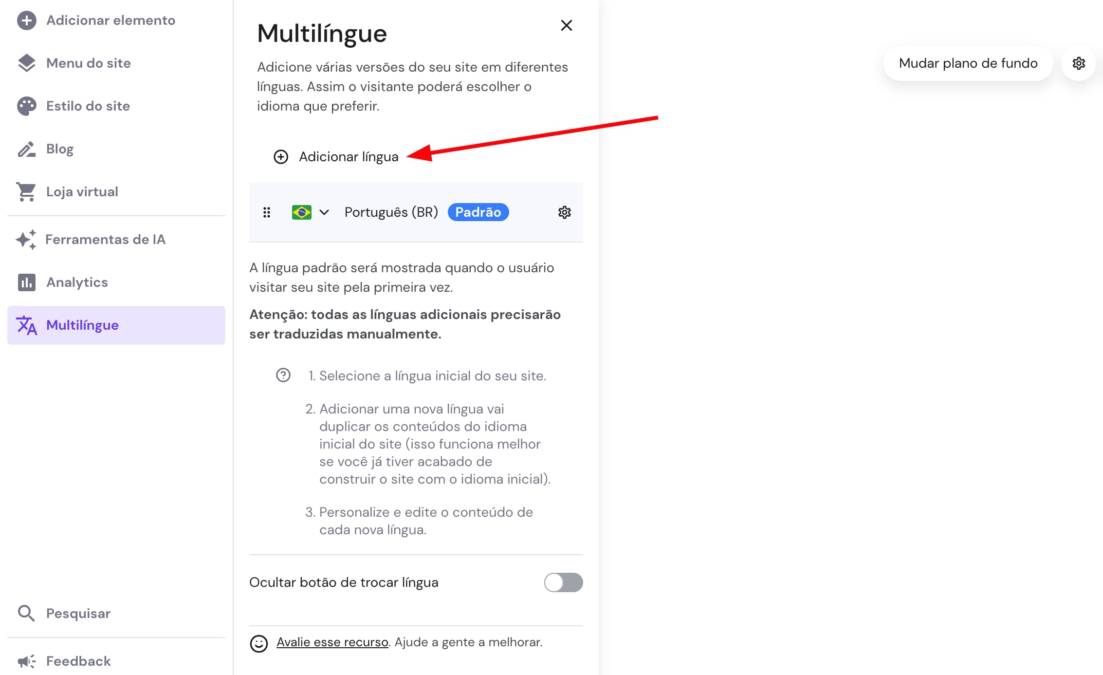 Interface do Criador de Sites da Hostinger