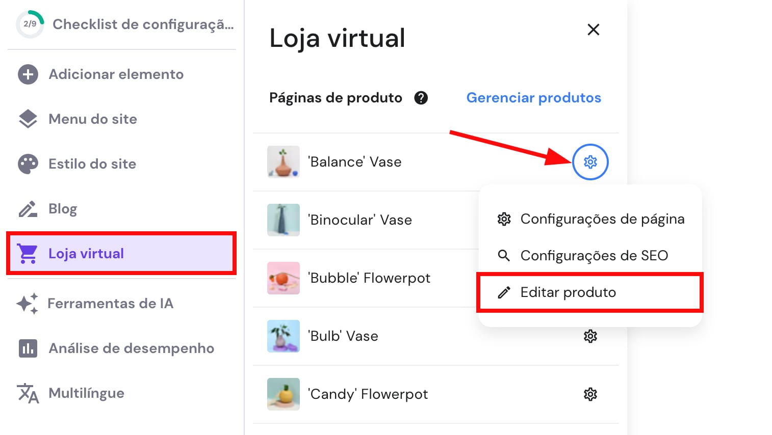 A maneira de editar um produto em particular no Hostinger Website Builder