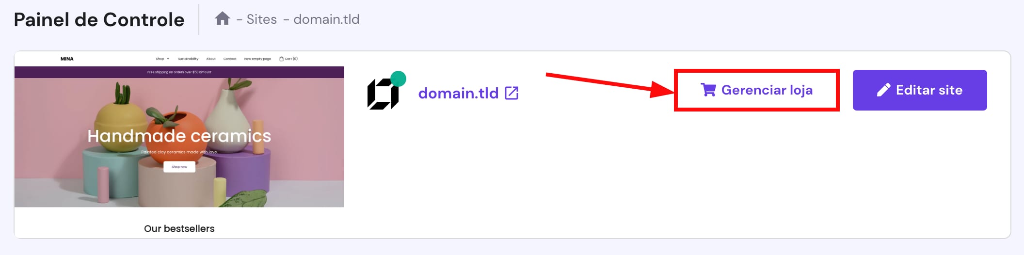 O botão para acessar a área de gerenciamento da loja