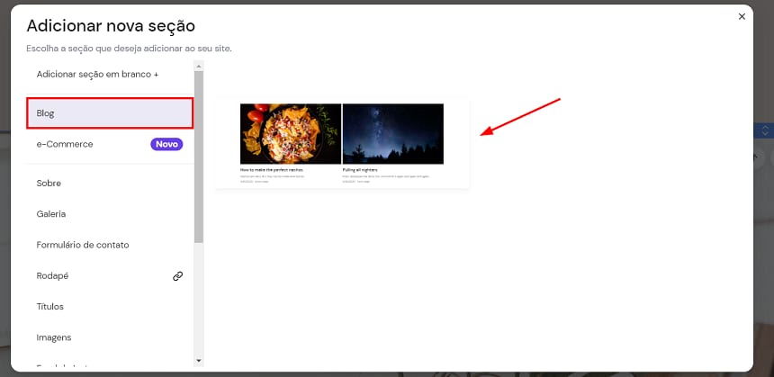 Interface Criador de Sites da Hostinger