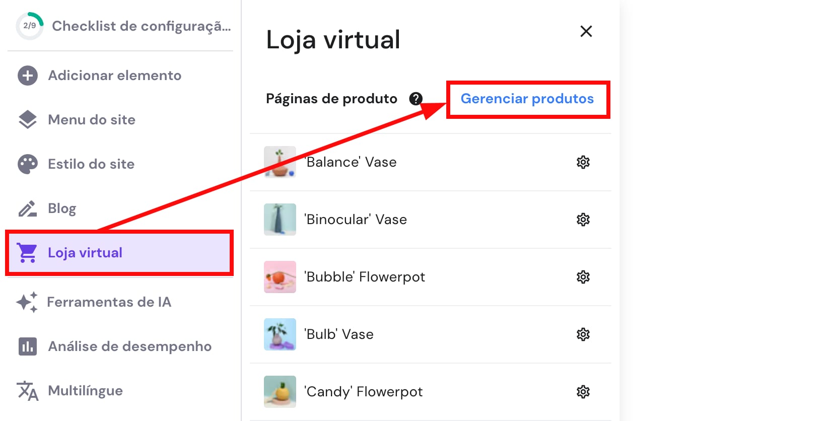 A maneira de acessar a área de gerenciamento de produtos no Hostinger Website Builder