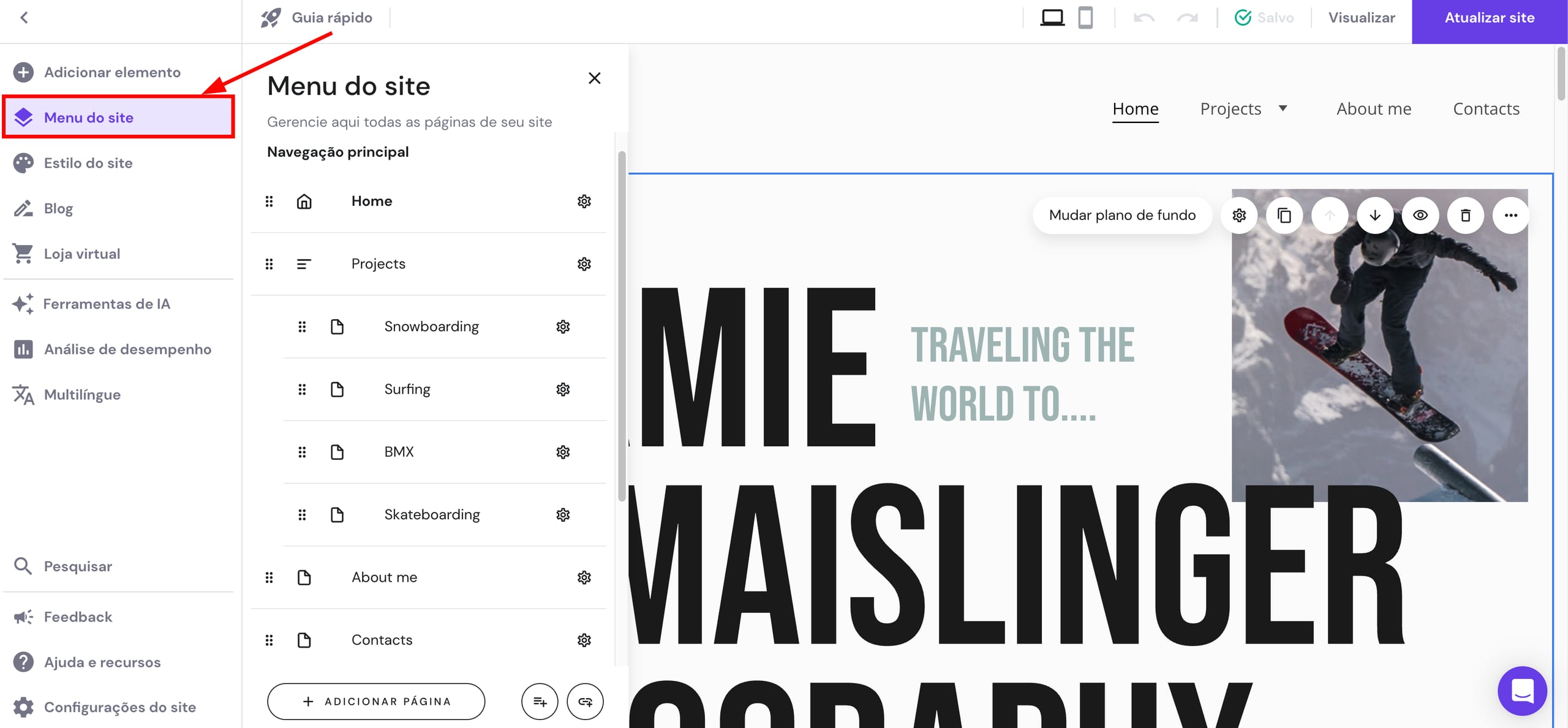 Páginas e painel de navegação no Hostinger Website Builder