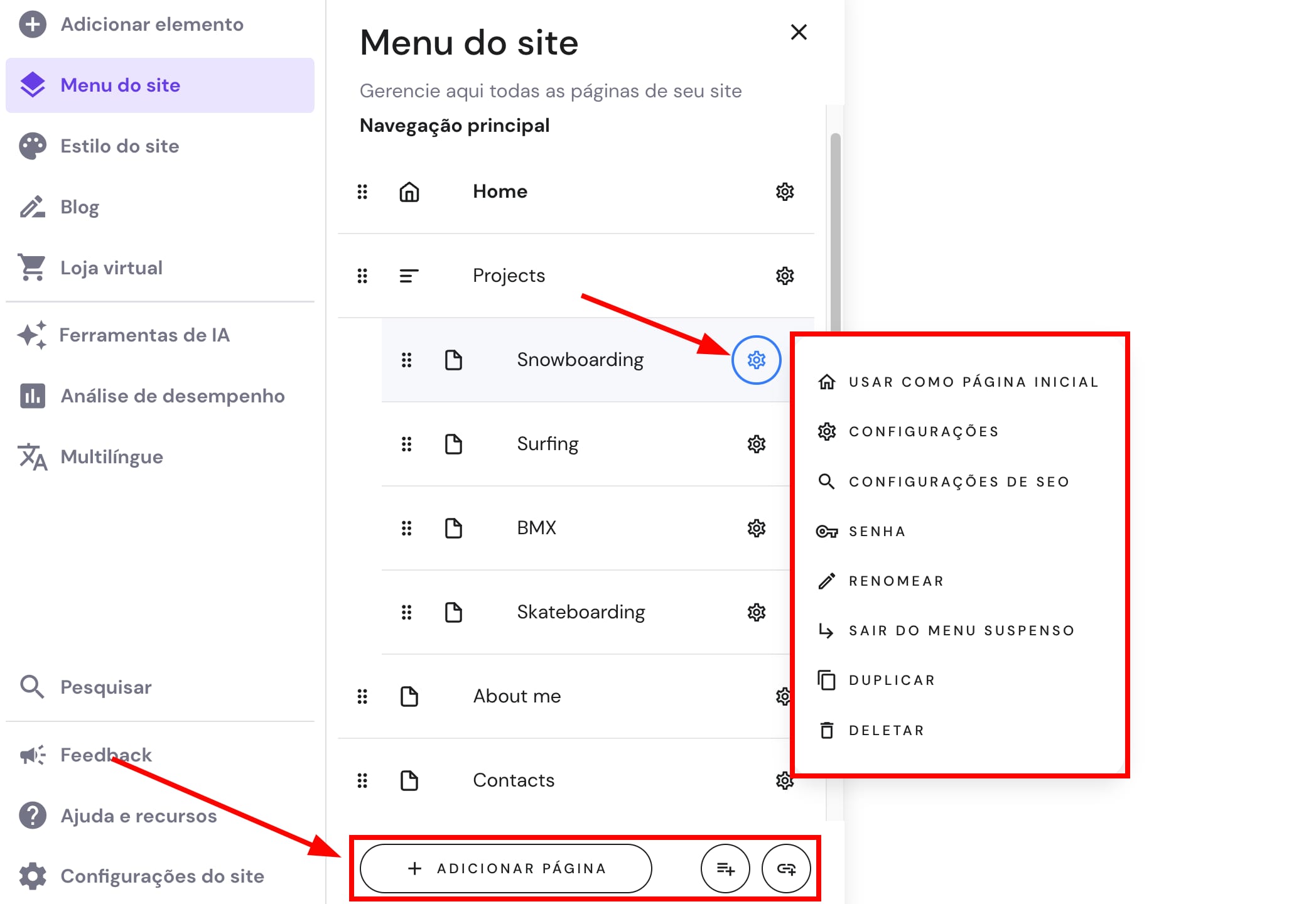 Maneiras de gerenciar páginas e o menu de navegação do site
