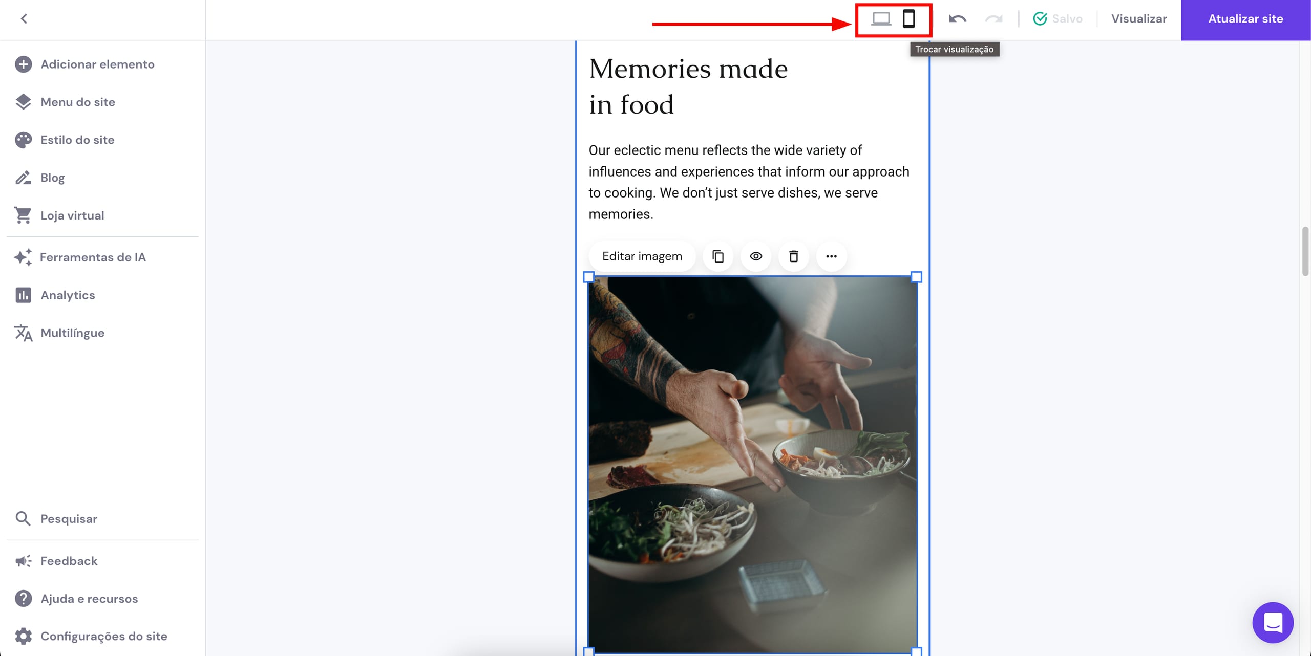 O editor móvel no Hostinger Website Builder