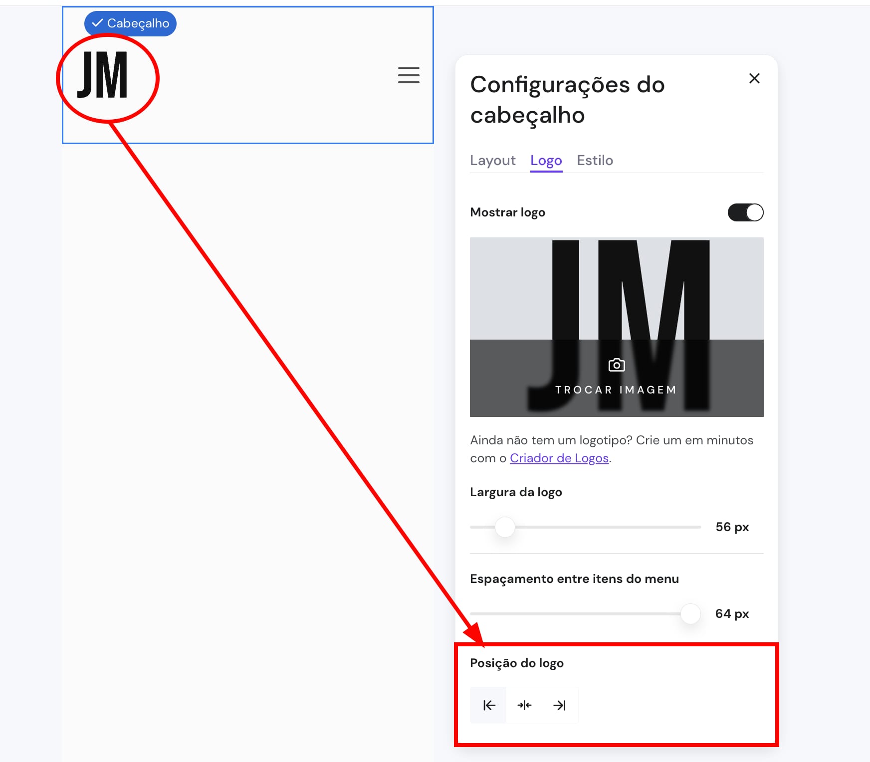 Alterar a posição do logotipo do site
