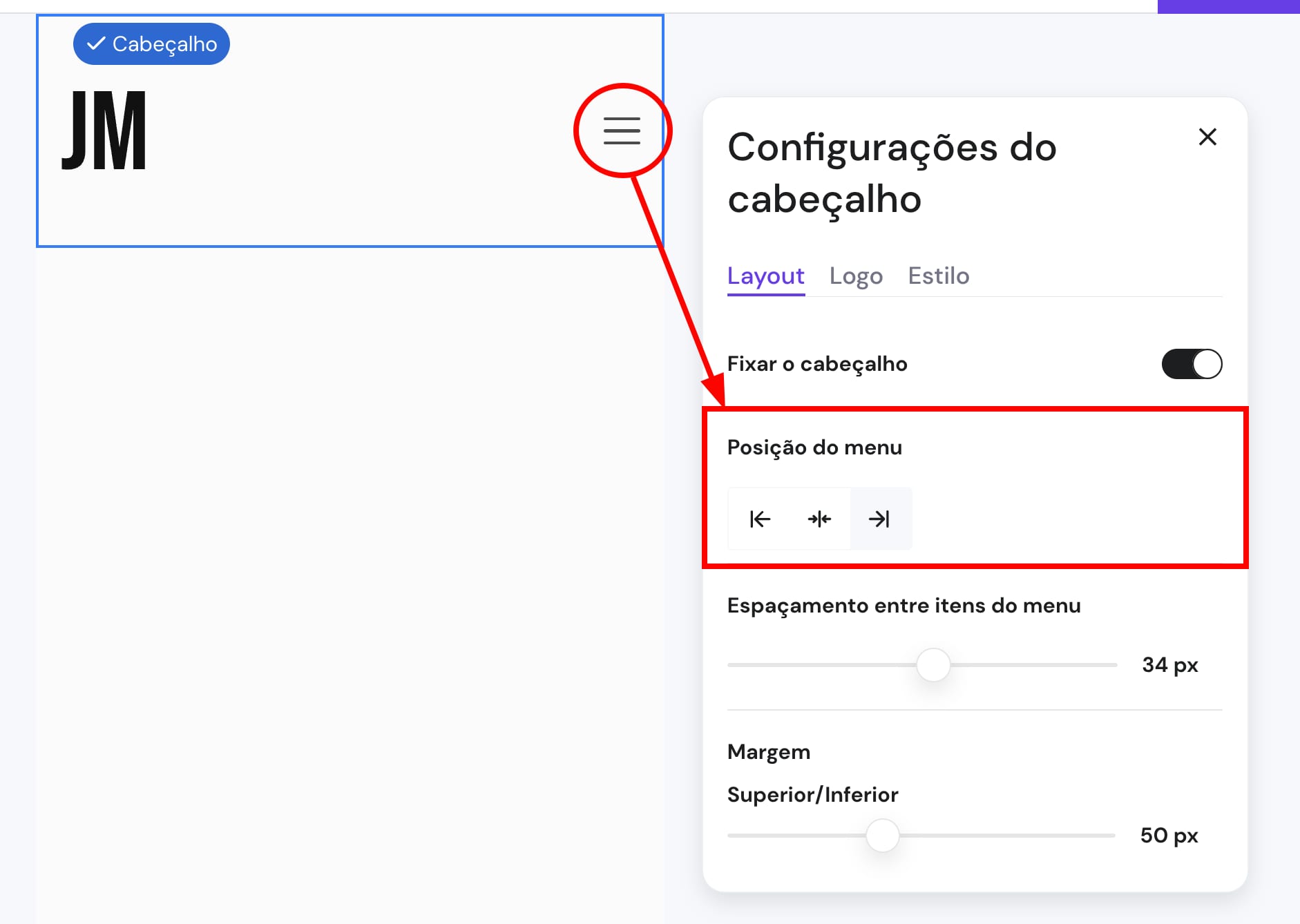 Alterar a posição do menu