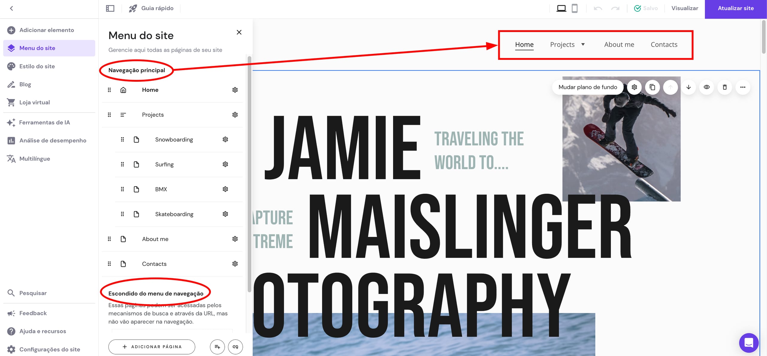 As páginas na navegação principal versus as páginas ocultas no menu de navegação