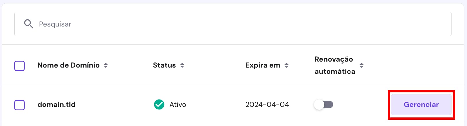 O botão Gerenciar na seção Domínios da Hostinger
