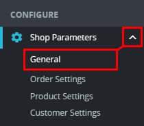 The Shop Parameters General menu option on PrestaShop Admin Panel