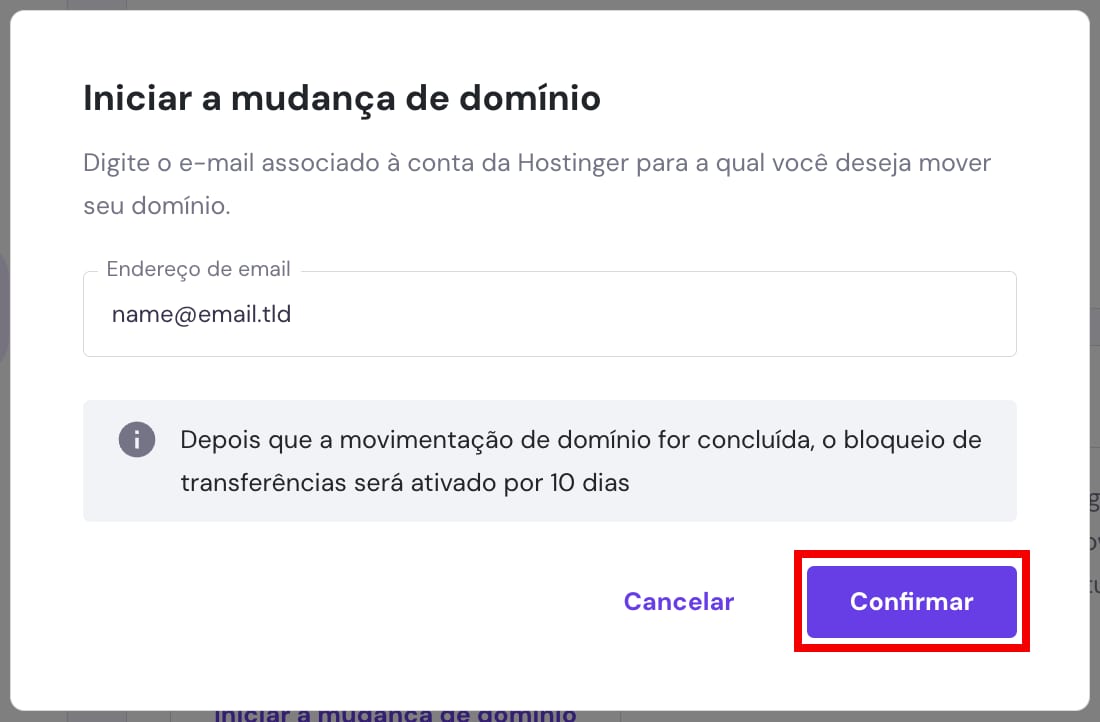 A janela Iniciar movimentação de domínio para inserir o endereço de e-mail de destino e o botão de confirmação