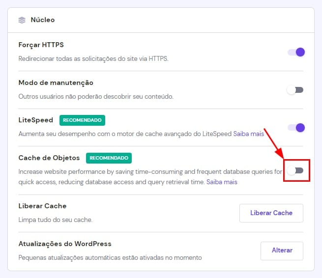 Botão de ativar/desativar o Cache de Objetos