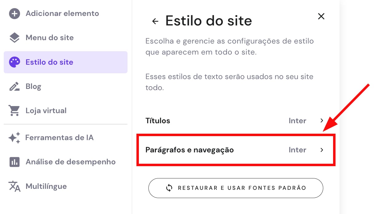 Configurações de estilo de parágrafos e navegação no Hostinger Website Builder