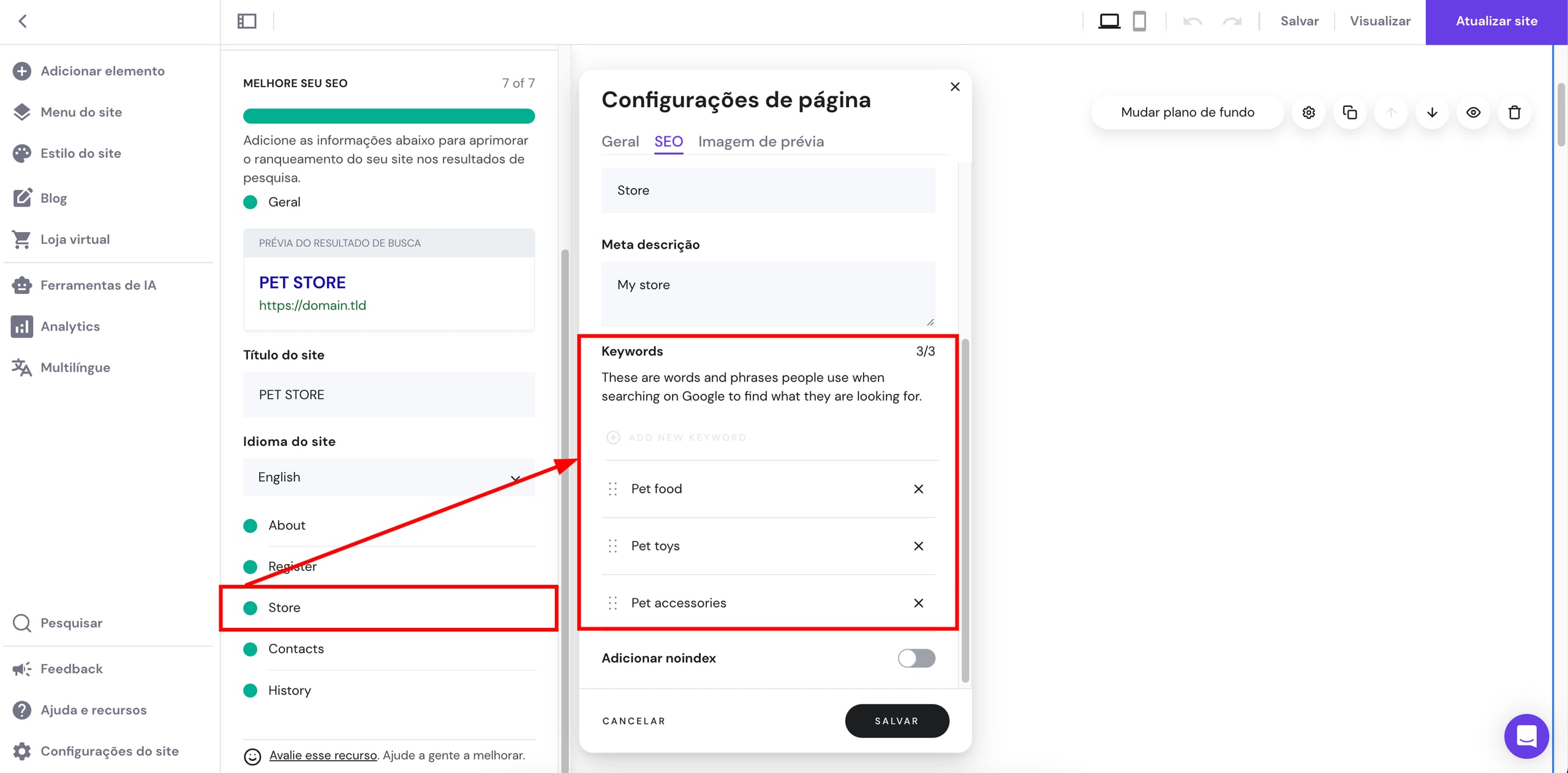 Com o Criador de Sites da Hostinger, você pode adicionar palavras chave nas configurações de SEO da página