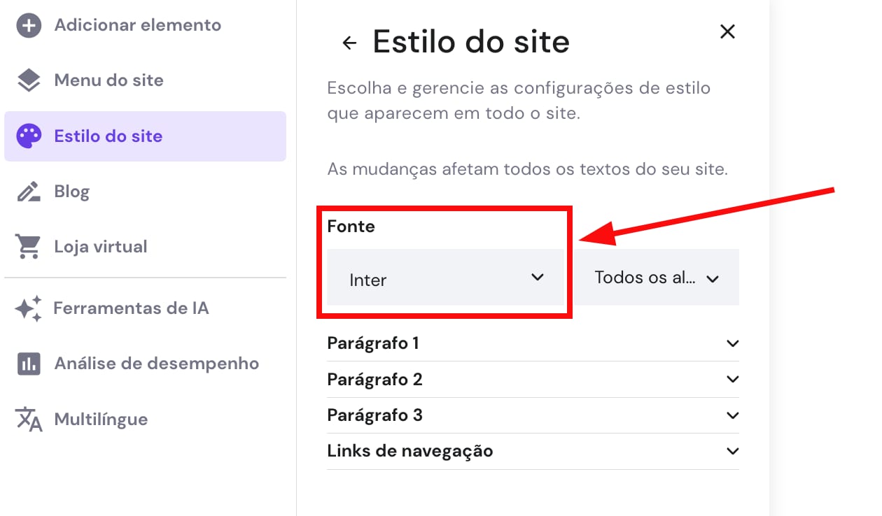 Configurações de fonte dos parágrafos e da navegação no Hostinger Website Builder