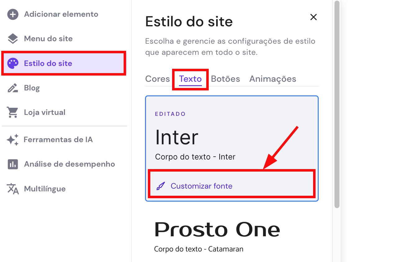 Configurações globais de estilo de texto no Hostinger Website Builder