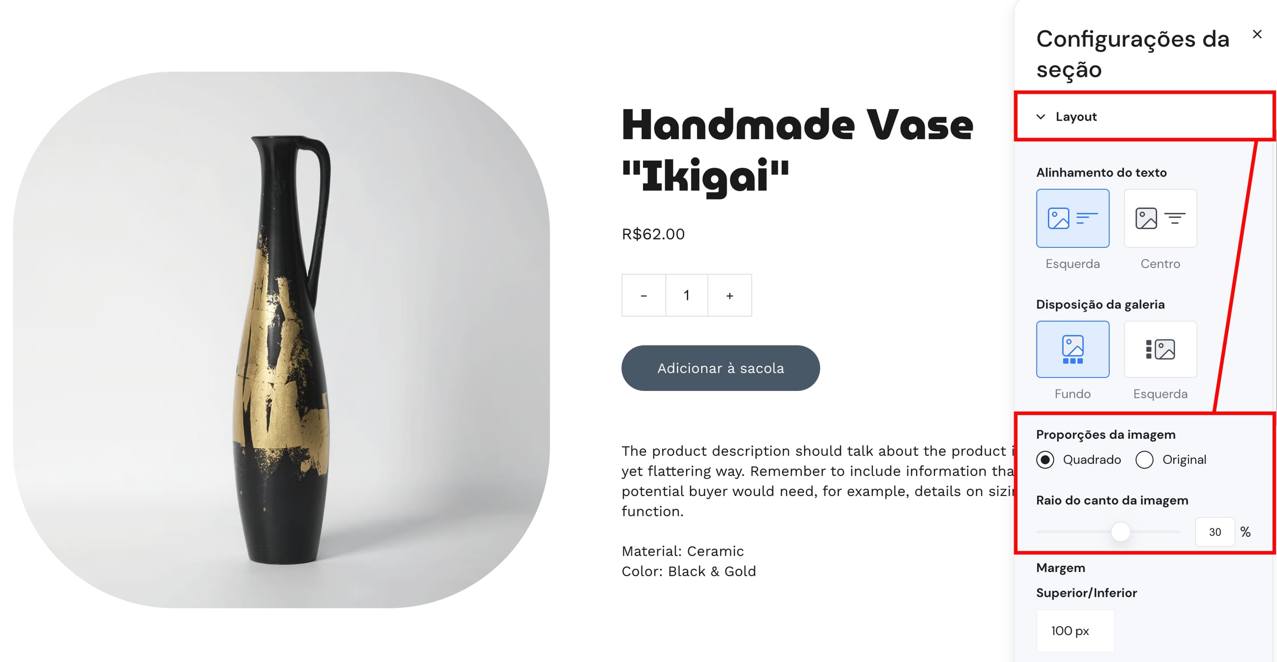 Alteração da proporção da imagem do produto em uma seção de produto