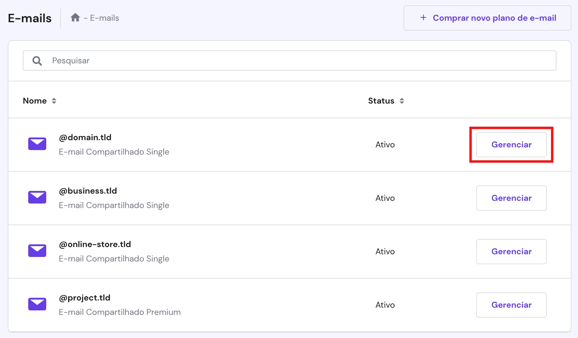 O botão Gerenciar no hPanel → E-mails para gerenciar um serviço de e-mail