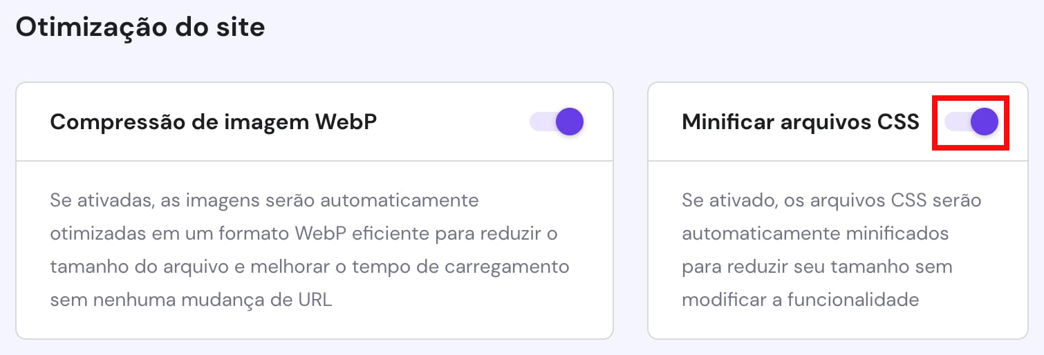 A opção para reduzir os arquivos CSS do site