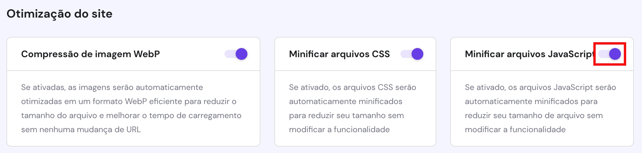 A opção para reduzir os arquivos JavaScript do site