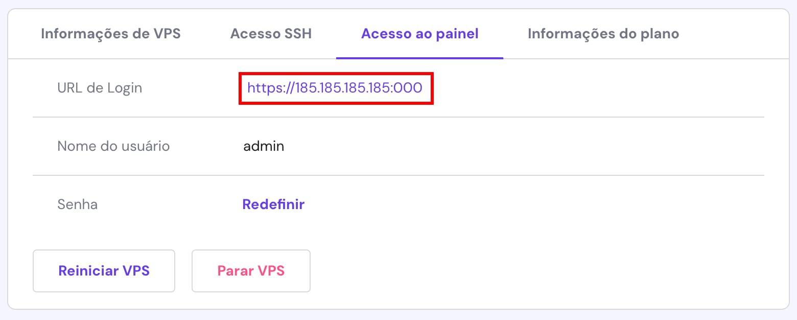 Área de gerenciamento VPS no hPanel mostrando a aba de Acesso ao painel e URL de login