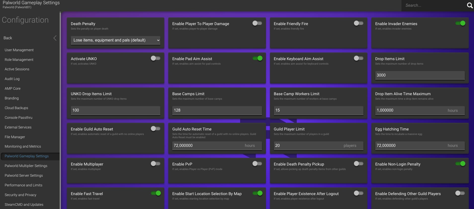 Configurações do Game Panel