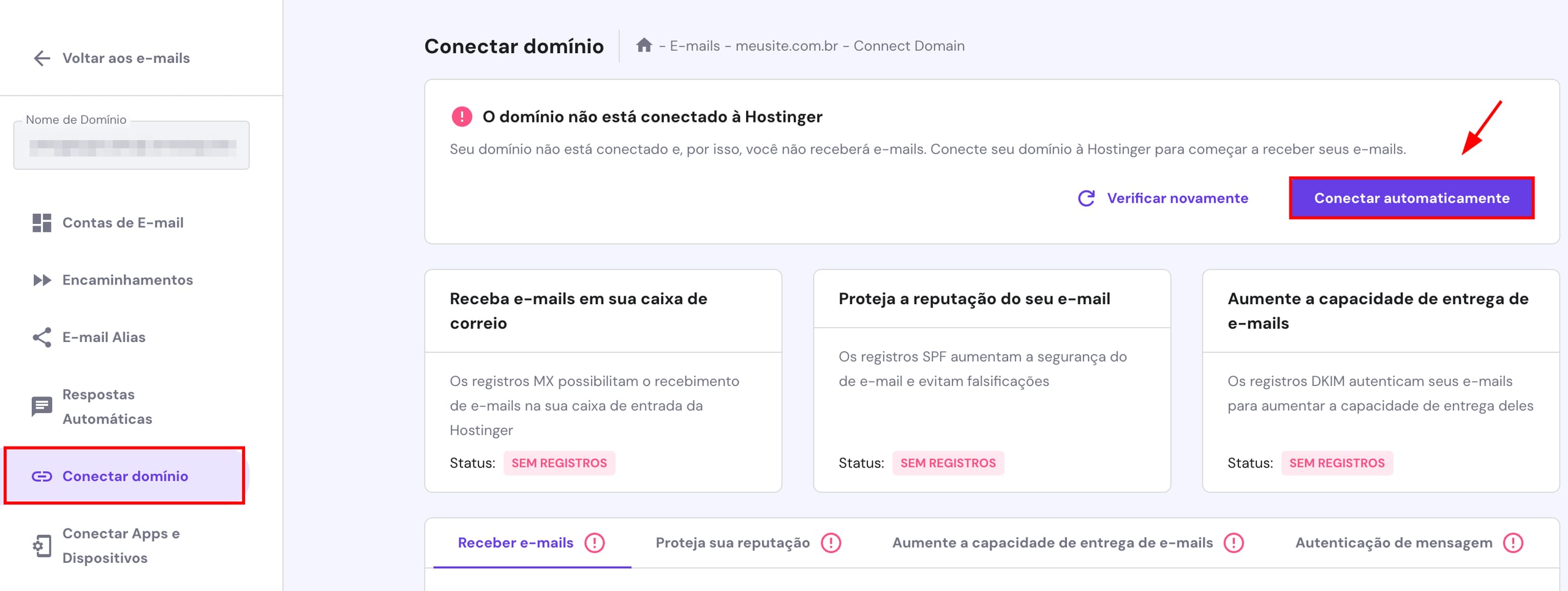 Aba Conectar Domínio no hPanel