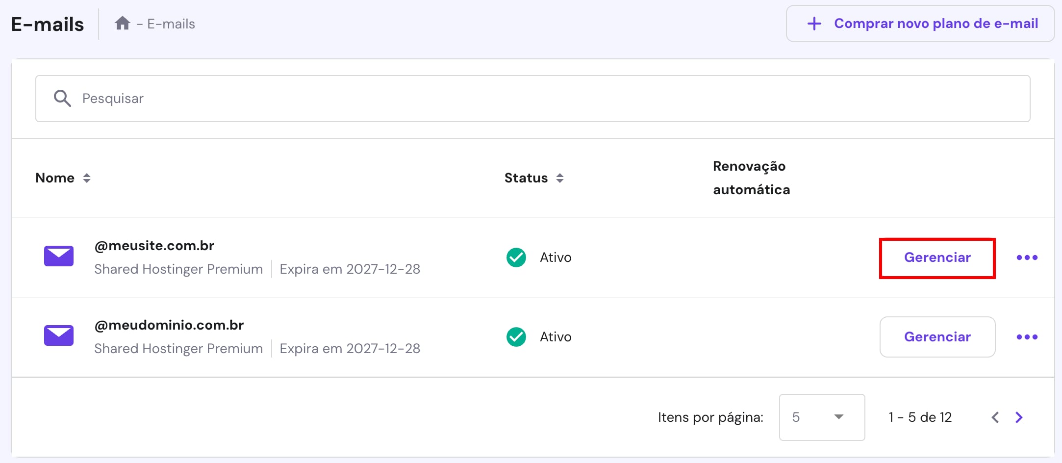 Seção e-mails no hPanel com o botão gerenciar destacado