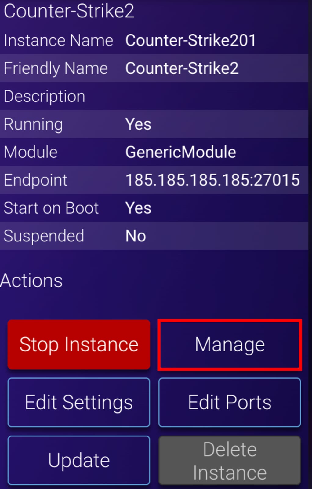 The Manage option on Game Panel