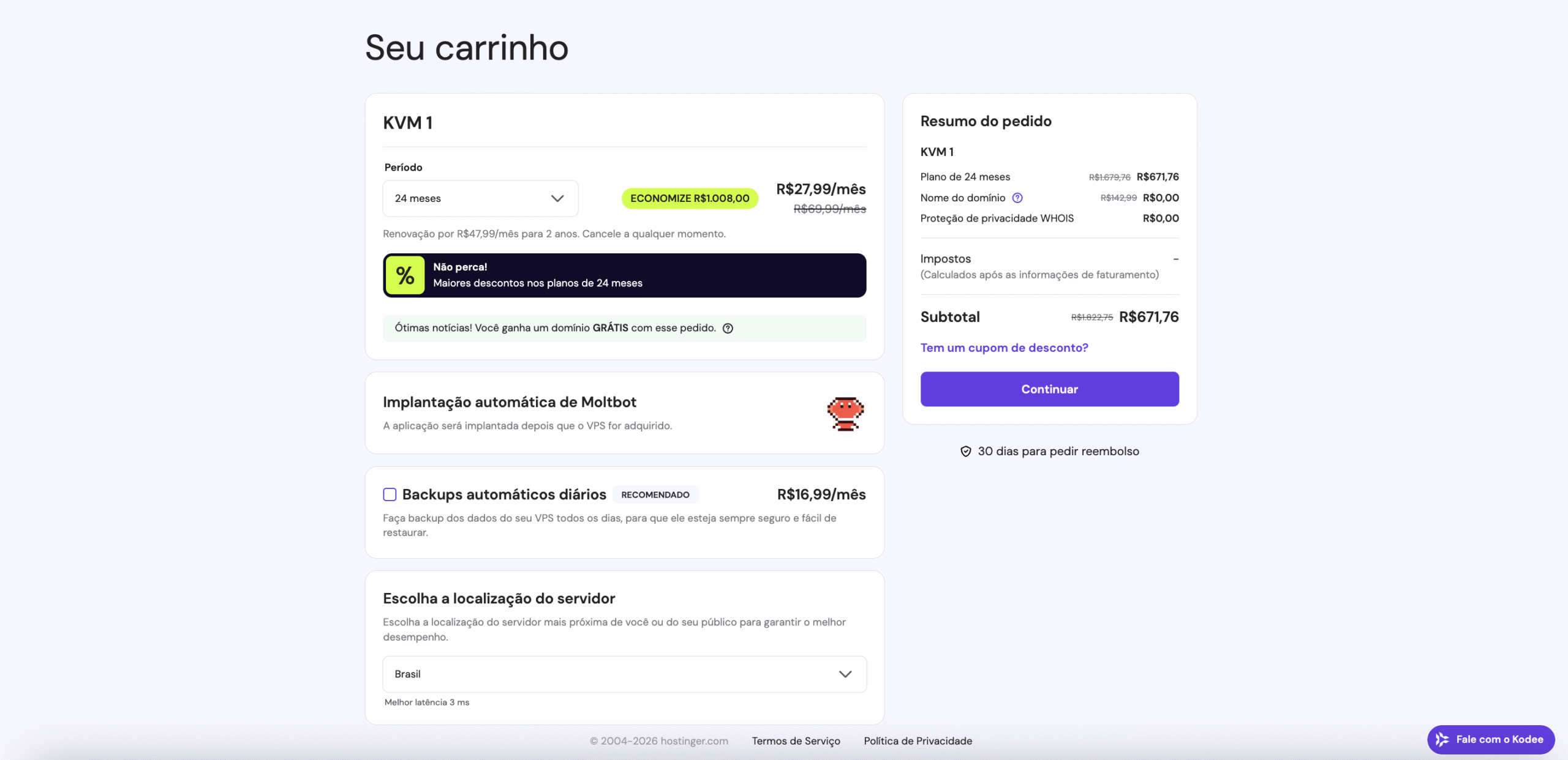 Página de compra do Moltbot na Hostinger