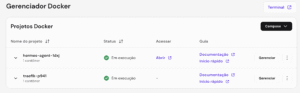 Gerenciador Docker com projetos em execução, incluindo hermes-agent-1dxj e traefik-p941