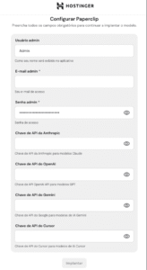 Hostinger: formulário para configurar Paperclip com campos de admin e chaves de API de IA