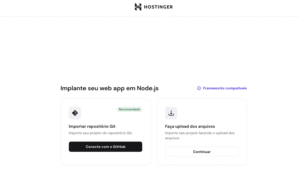 Hostinger: implantação de app Node.js com opção recomendada de importar repositório Git