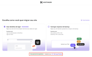 Migração Hostinger: opção destacada “Para quem já tem experiência” para implante web app Node.js