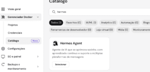 Catálogo do Gerenciador Docker com o cartão Hermes Agent em destaque e botão Selecionar