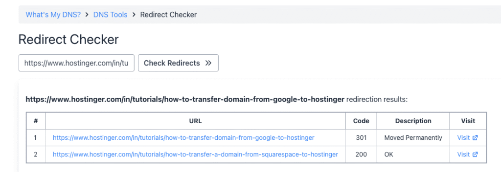 checando redirecionamento de domínio na ferramenta redirect checker