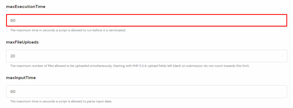Configuração avançada do PHP no hPanel com o parâmetro maxExecutionTime definido para 60 segundos.