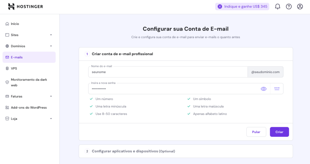 configurando nova conta de email no hpanel