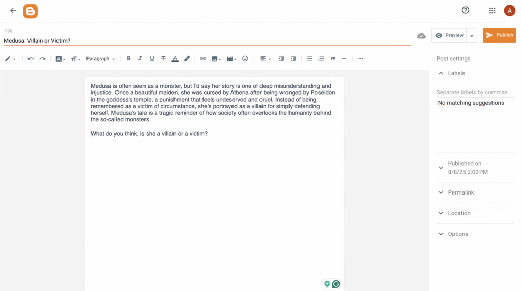 Interface do editor de posts do Blogger, mostrando opções de formatação e visualização de conteúdo.