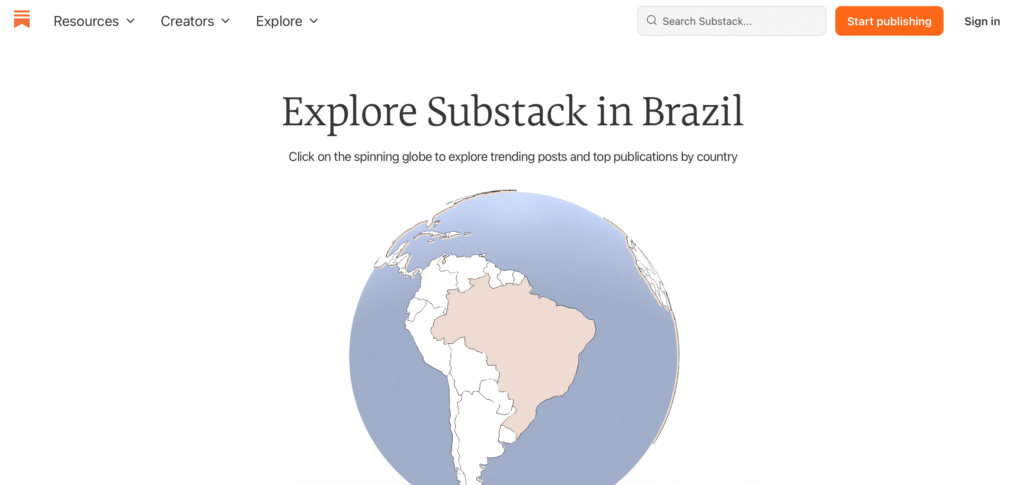Página inicial do Substack com destaque para opções de criação de newsletter e login de usuários.