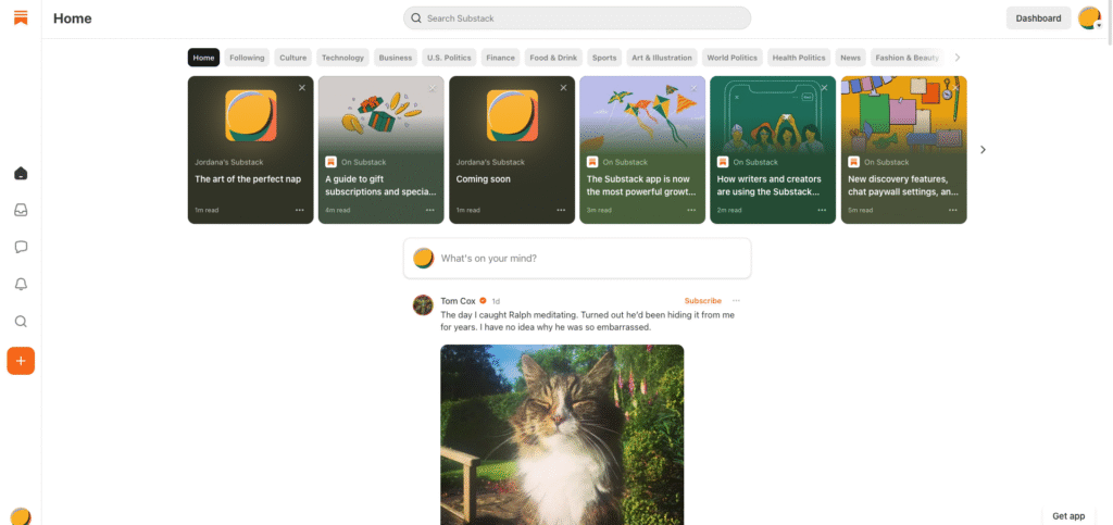 Tela principal do Substack exibindo o feed de publicações e perfis de escritores.