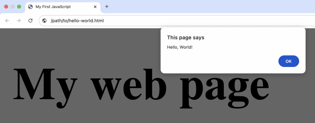 chrome exibindo popup javascript com a mensagem "hello, world!"