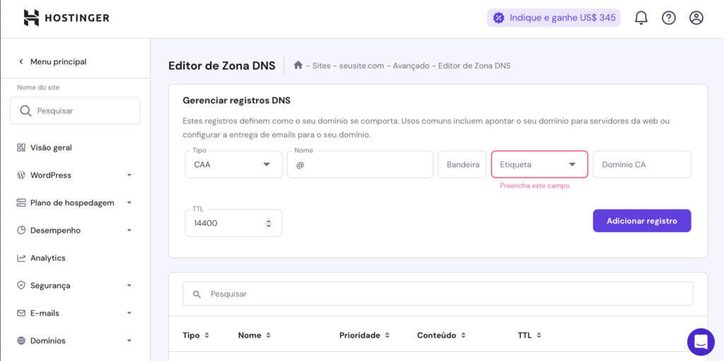 editor de zona dns do hpanel