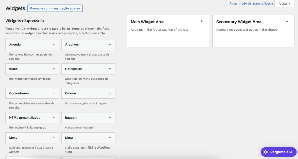 widgets wordpress em tema clássico