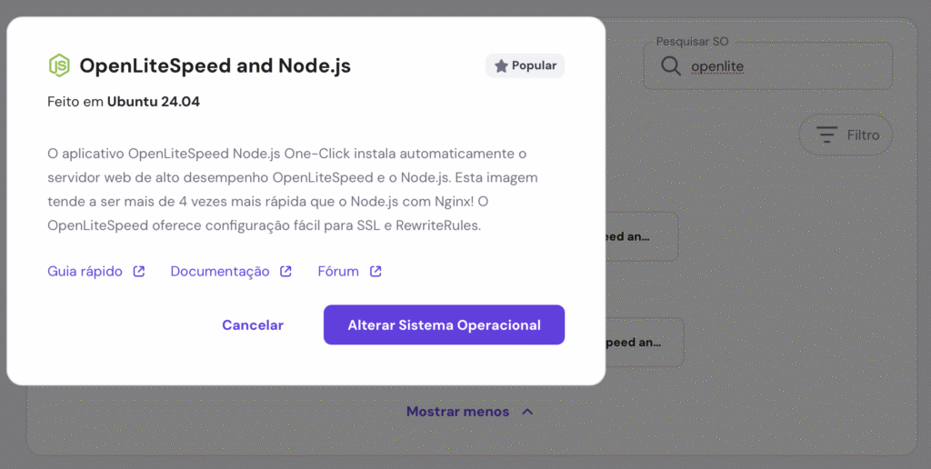mudando sistema operacional no hpanel para openlitespeed com node.js