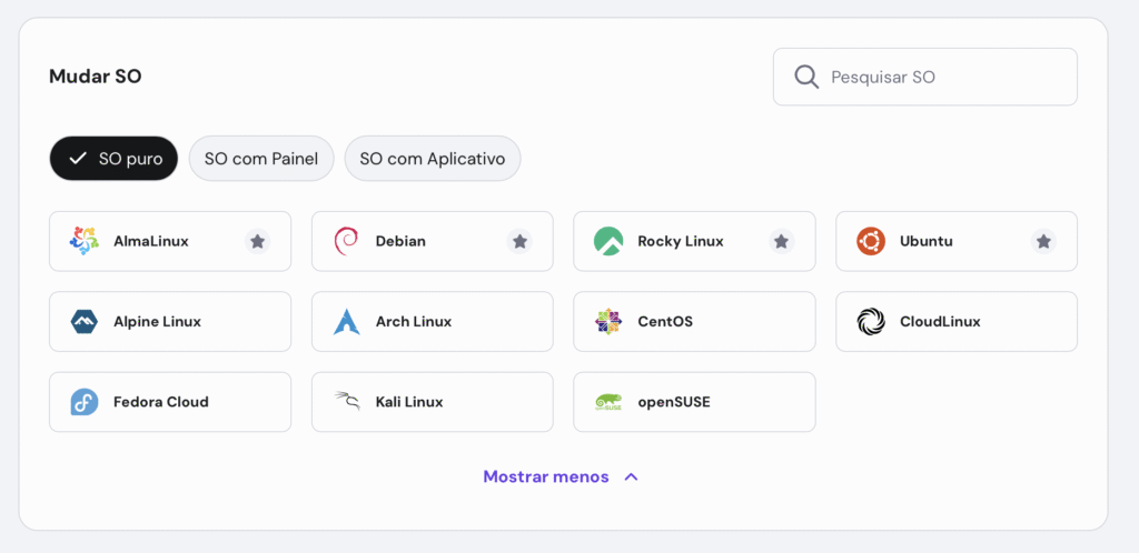 selecionando template de so puro no hpanel