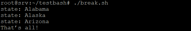 saída de comando bash for loop com break loop