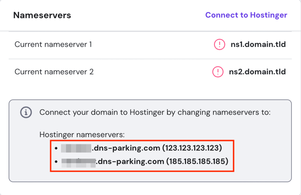 hpanel exibindo nameservers da hostinger