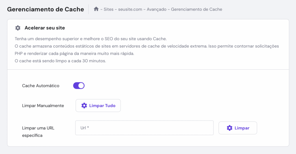 gerenciamento de cache no hpanel